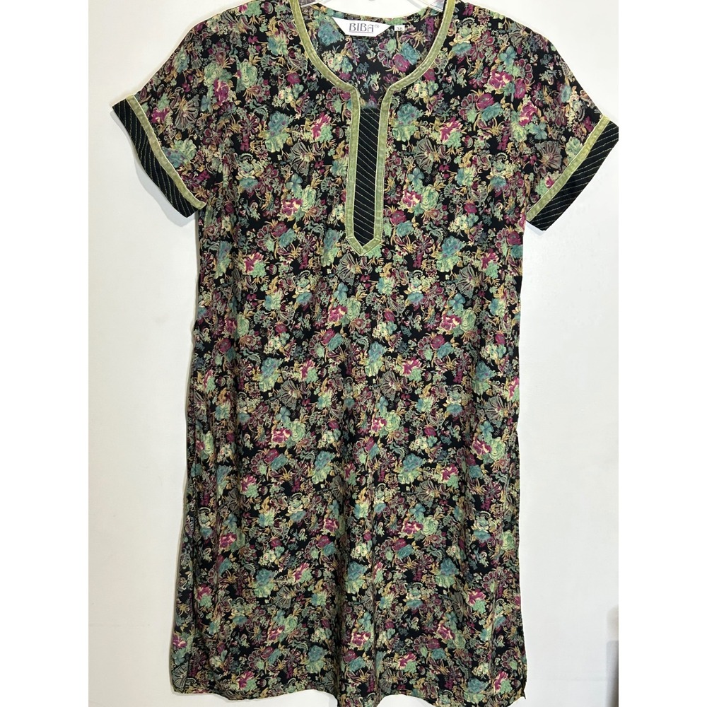 BIBA Floral Print‎ Dress Short Sleeve Green Trim Vintage Size 38